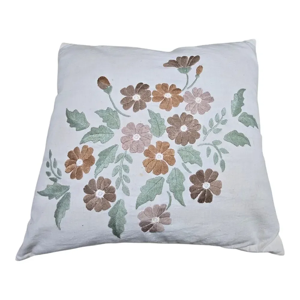 Vintage Embroidered Floral Pillow 15.5